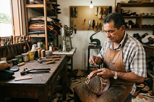 Sapateiro consertando um cinto de couro em Paragominas.