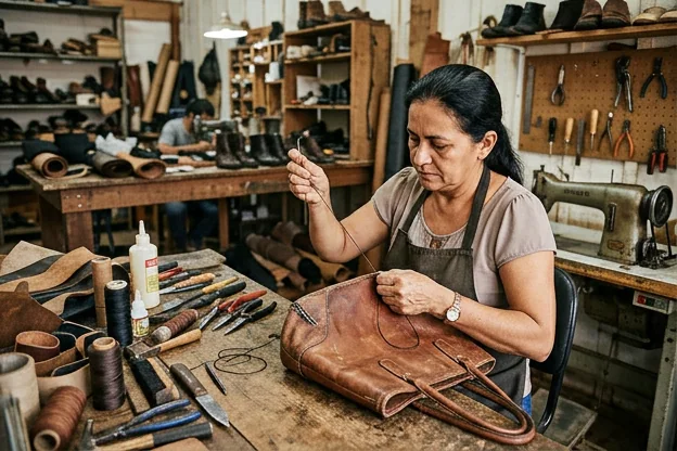 Sapateiro reformando uma bolsa de couro em Paragominas.