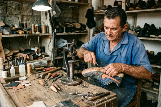Sapateiro reparando um tênis em Paragominas.