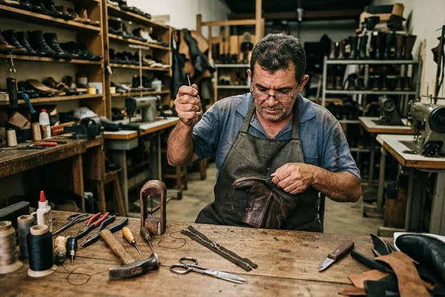 Sapateiro consertando o zíper de uma bota em Paragominas.